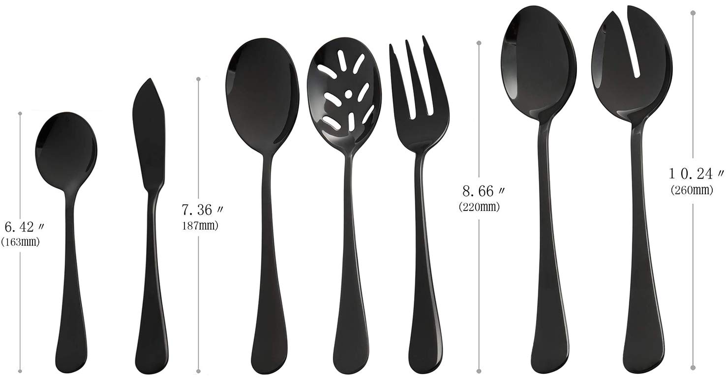 Black Serving utensils set. Stainless Steel Hostess Flatware Sets 7-Piece Includes Silverware Large Salad Serving Spoons, Forks & Slotted Spoons,sugar spoons,butter knife.Dishwasher Safe