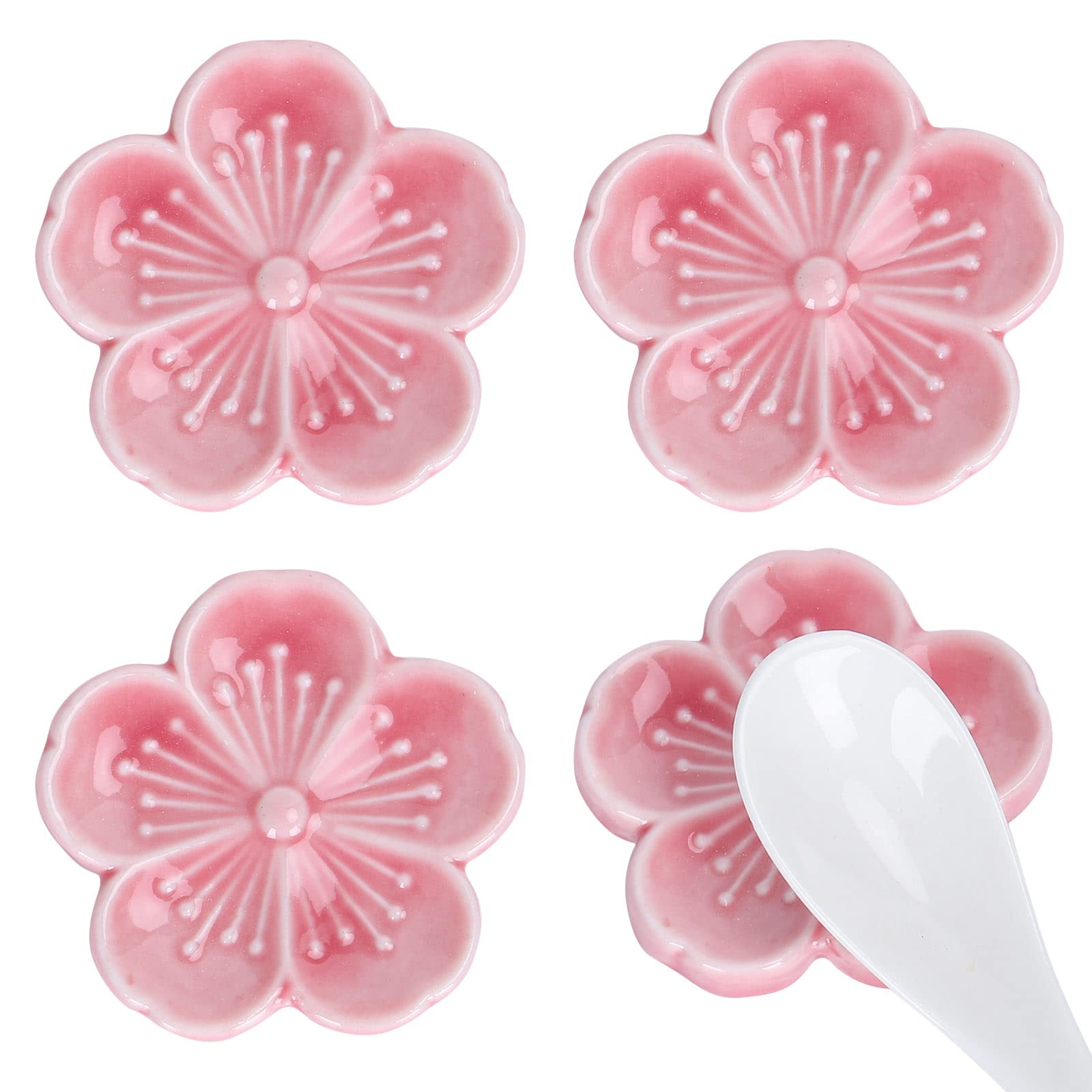 Whaline 4 Pieces Flower Coffee Spoon Rest Pink Cherry Blossom Ceramic Teaspoon Holder Home Table Decor Accessories for Kitchen Office Coffee Bar Coffee Stirrers Coffee Lovers