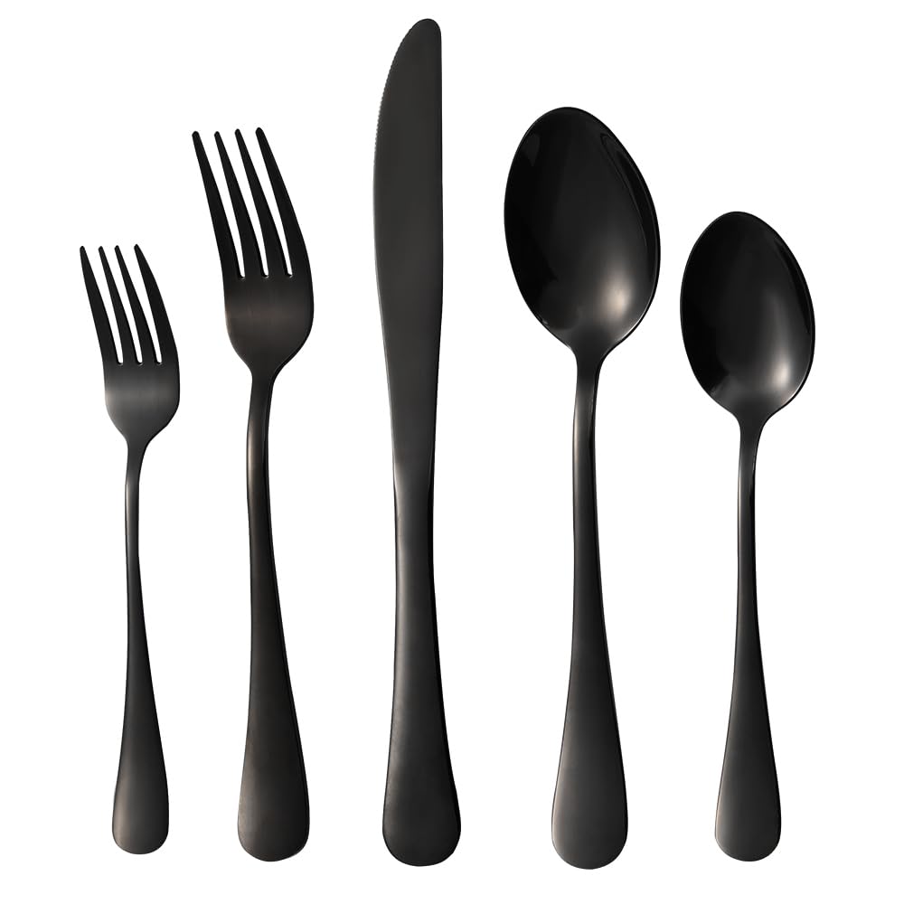 Rygten QU 20-piece Black Silverware Set, Stainless Steel Flatware Set, Cutlery Set For Home Kitchen, Tableware Set Service for 4, Dishwasher Safe