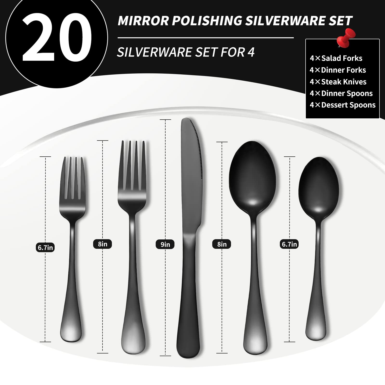 Rygten QU 20-piece Black Silverware Set, Stainless Steel Flatware Set, Cutlery Set For Home Kitchen, Tableware Set Service for 4, Dishwasher Safe