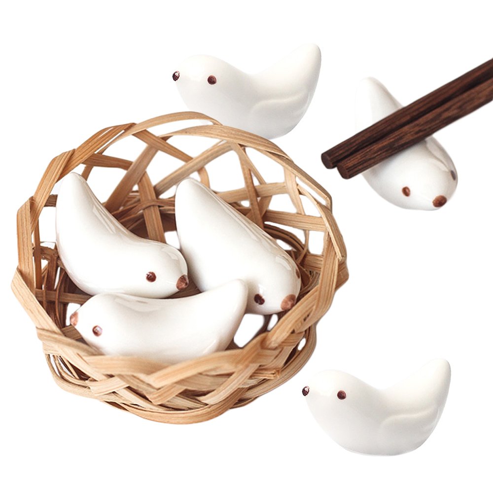 WAIT FLY Cute White Birds Shape Chopsticks Rest Set with Basket Spoon Stand for Knife Fork Holder, 3pcs/ 6pcs (6 Birds+Basket)