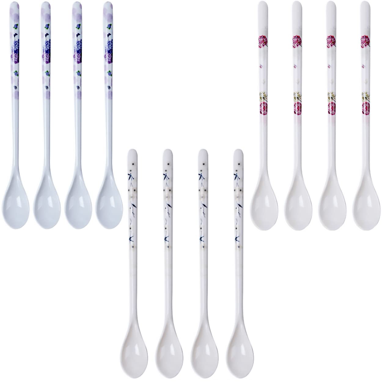 Dadamong Melamine Long Handle Mixing Spoon Set of 12, Plastic Teaspoon, 8.8 Inch Stirring Spoons for Jam Honey Coffee Tea Ice Cream Cocktail Hot Chocolate (Random Pattern)