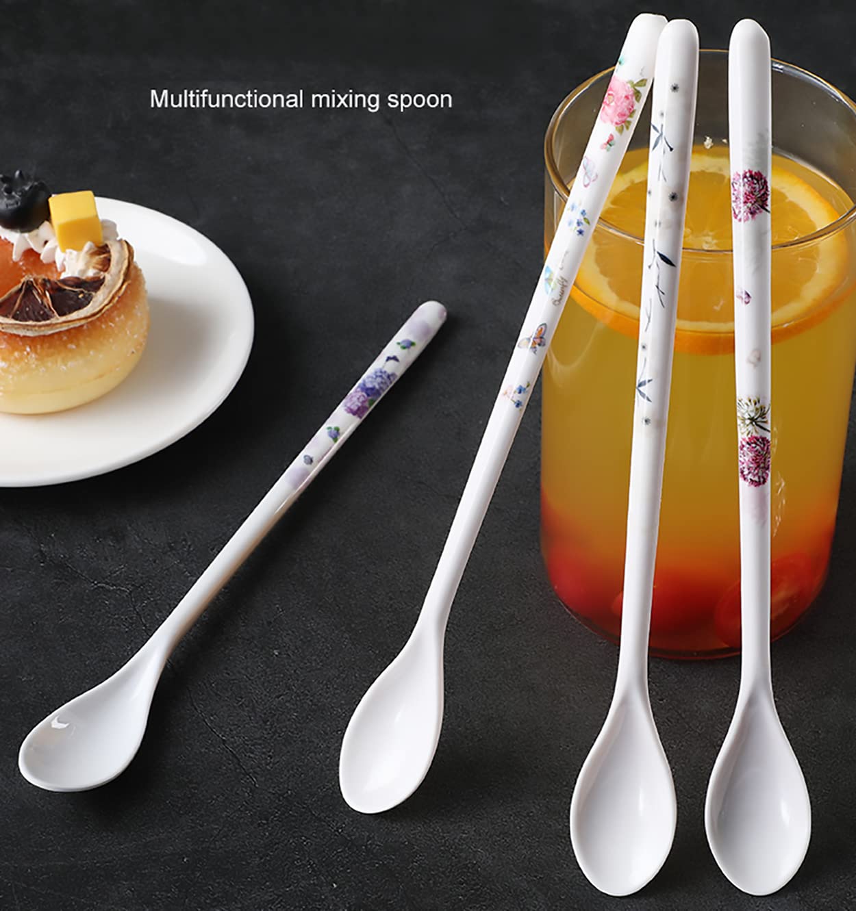 Dadamong Melamine Long Handle Mixing Spoon Set of 12, Plastic Teaspoon, 8.8 Inch Stirring Spoons for Jam Honey Coffee Tea Ice Cream Cocktail Hot Chocolate (Random Pattern)