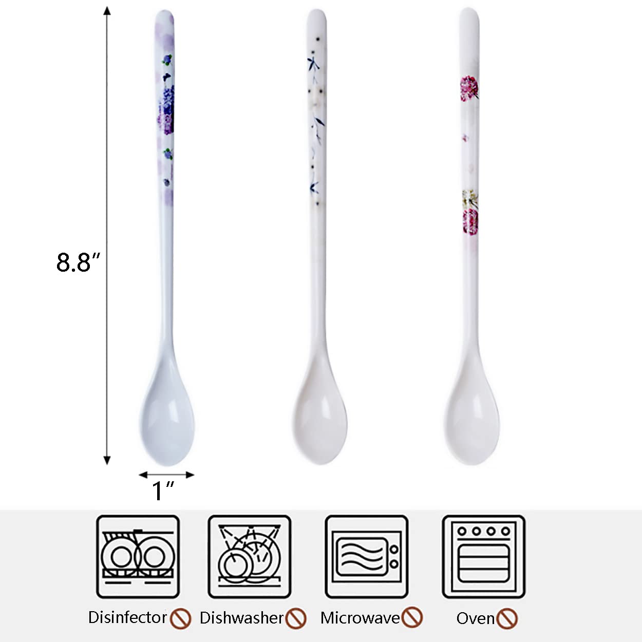 Dadamong Melamine Long Handle Mixing Spoon Set of 12, Plastic Teaspoon, 8.8 Inch Stirring Spoons for Jam Honey Coffee Tea Ice Cream Cocktail Hot Chocolate (Random Pattern)