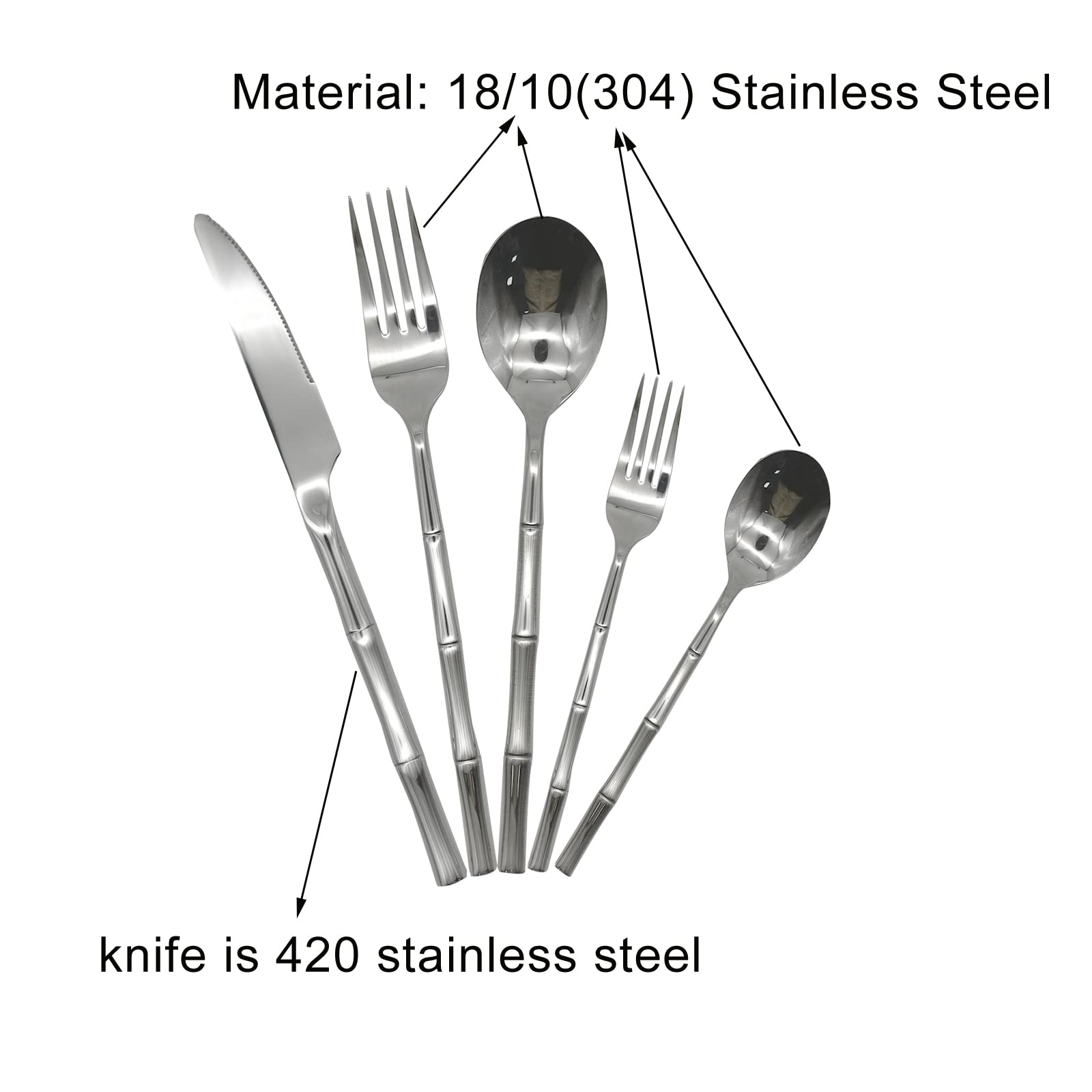 Pinenjoy 5Pcs Bamboo Shaped Flatware Set, 18/10(304) Stainless Steel Silverware Set includes Dinner Knife Dinner Fork Salad Fork Soup Spoon Dessert Spoon for Daily use, Restaurants, Gatherings