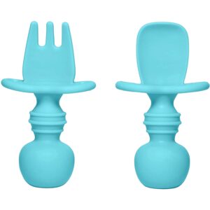 silikong silicone utensils, baby fork and spoon set, training utensils, baby led weaning stage 1 for ages 6 months (blue)