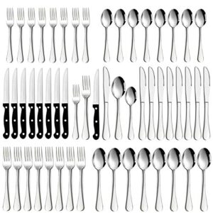 48-piece silverware set with steak knives, stainless steel flatware cutlery set for 8, modern tableware eating utensils for home hotel, include knives forks spoons, mirror polished, dishwasher safe
