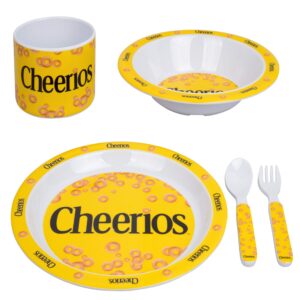 cheerios 5pc kids plates mealtime feeding set for toddlers - dinnerware dish set w plate, bowl, cup, utensils- bpa/pvc free & dishwasher safe