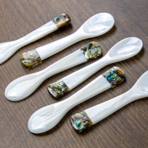 duebel set of 6 mother of pearl mop caviar spoons with green abalone decoration for caviar, egg, icecream, coffee serving (white, 9x2.4cm)