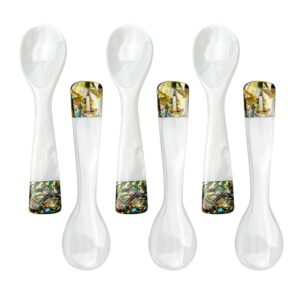 DUEBEL Set of 6 Mother of Pearl MOP Caviar Spoons with Green Abalone Decoration for Caviar, Egg, Icecream, Coffee Serving (White, 9x2.4cm)