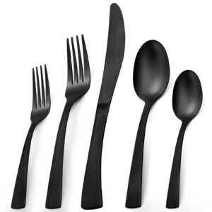 kasska matte black silverware set 40 pieces，food grade stainless steel flatware cutlery set for 8,kitchen dinner utensil sets,curved knife handle design，spoons and forks set，dishwasher safe