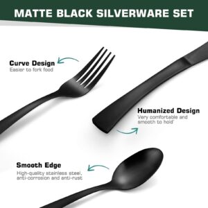 KassKa Matte Black Silverware Set 40 Pieces，Food Grade Stainless Steel Flatware Cutlery Set for 8,Kitchen Dinner Utensil Sets,Curved Knife Handle Design，Spoons and Forks Set，Dishwasher Safe