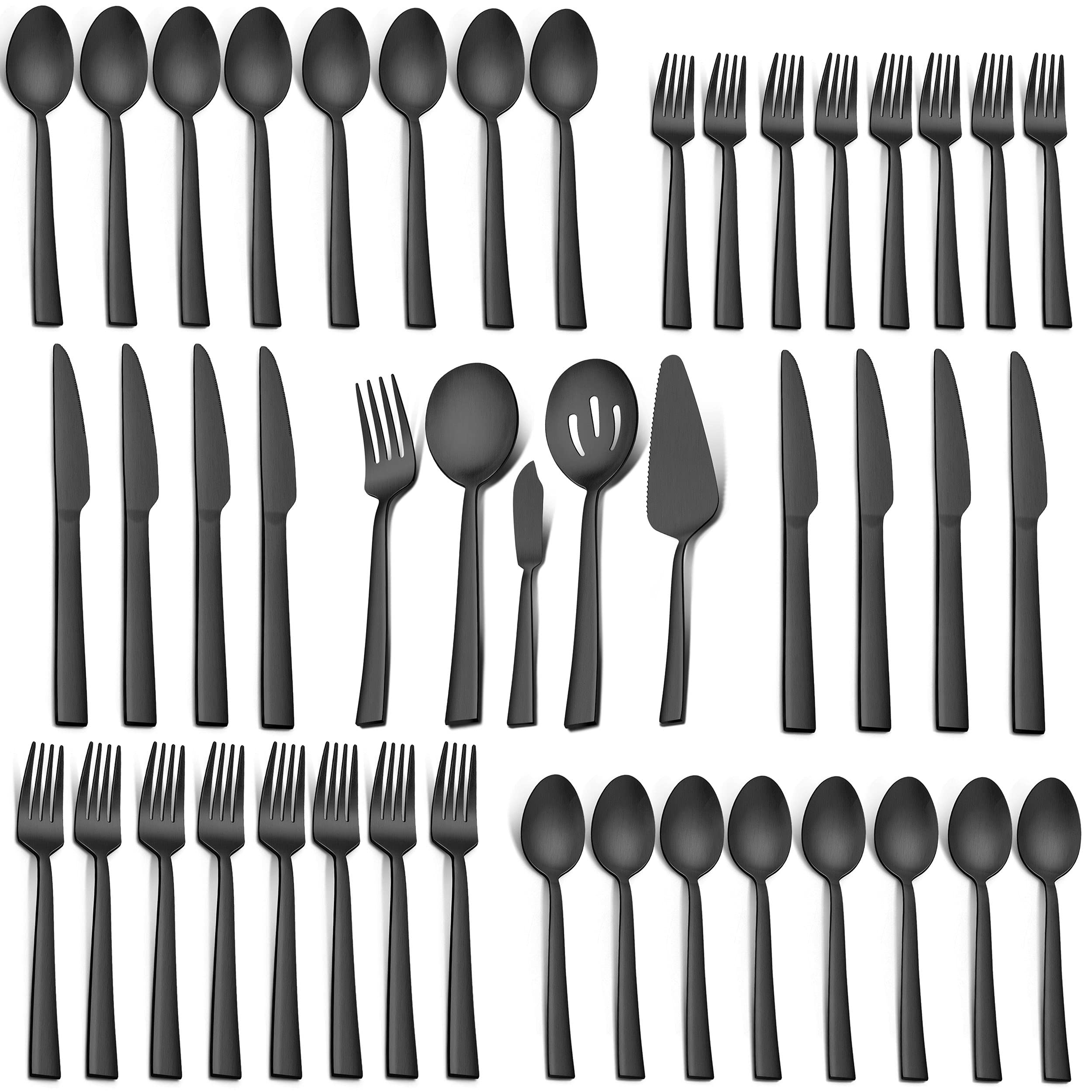 LIANYU 45-Piece Matte Black Silverware Set with Serving Utensils, Stainless Steel Flatware Cutlery Set for 8, Square Tableware Eating Utensils Set for Wedding Home, Satin Finish, Dishwasher Safe