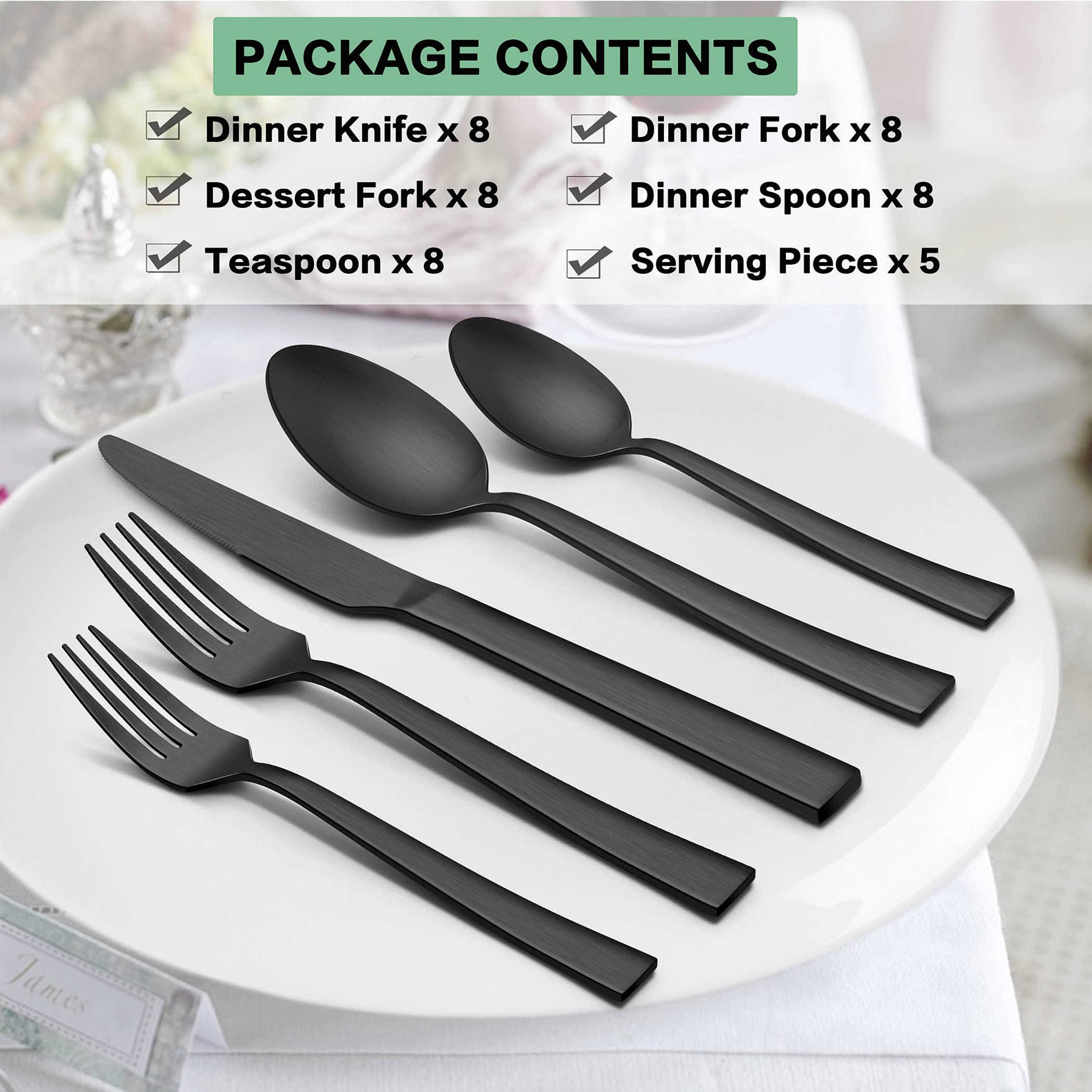 LIANYU 45-Piece Matte Black Silverware Set with Serving Utensils, Stainless Steel Flatware Cutlery Set for 8, Square Tableware Eating Utensils Set for Wedding Home, Satin Finish, Dishwasher Safe