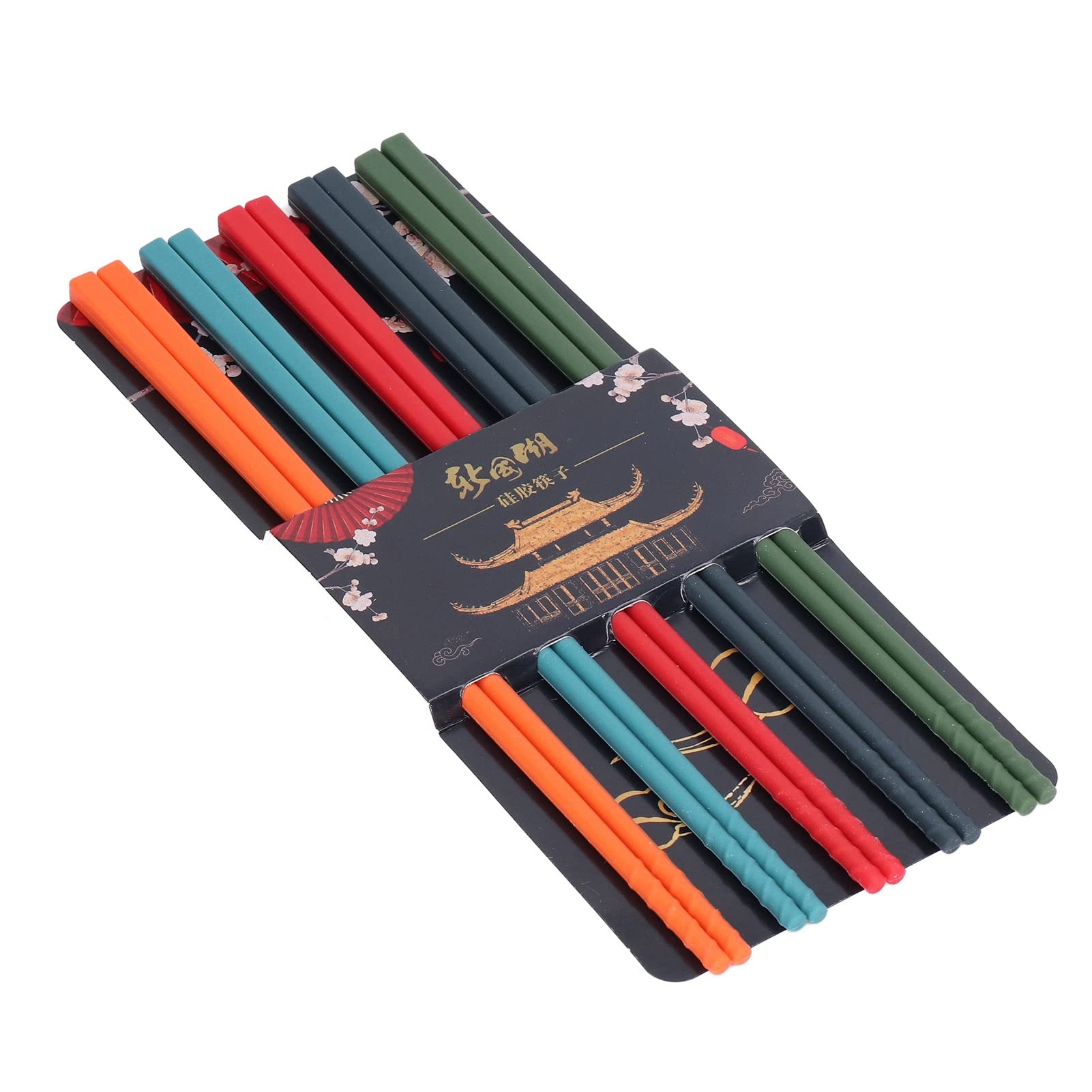 Fdit 5 Pairs Reusable Chopsticks, 24cm 5 Color Chopsticks Set Silicone Stainless Steel Chopsticks Non-Slip Kitchen Tableware