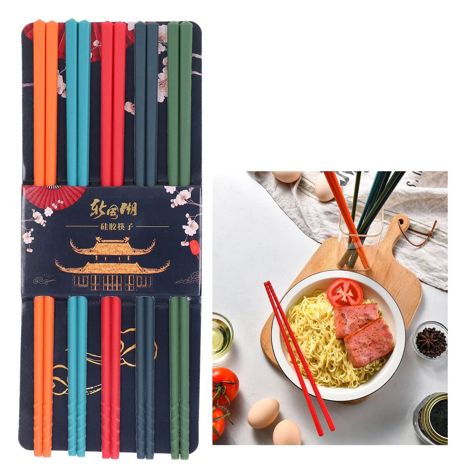 Fdit 5 Pairs Reusable Chopsticks, 24cm 5 Color Chopsticks Set Silicone Stainless Steel Chopsticks Non-Slip Kitchen Tableware