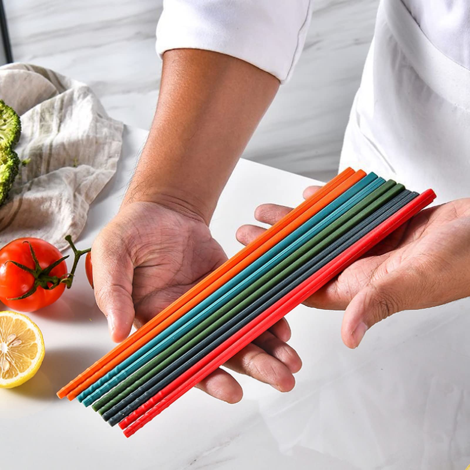 Fdit 5 Pairs Reusable Chopsticks, 24cm 5 Color Chopsticks Set Silicone Stainless Steel Chopsticks Non-Slip Kitchen Tableware