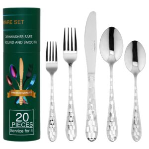 20-piece silverware set, flatware cutlery silverware set service for 4, 18/10 hammered stainless steel utensils tableware set include knife spoon fork, unique design, mirror polished (silver)
