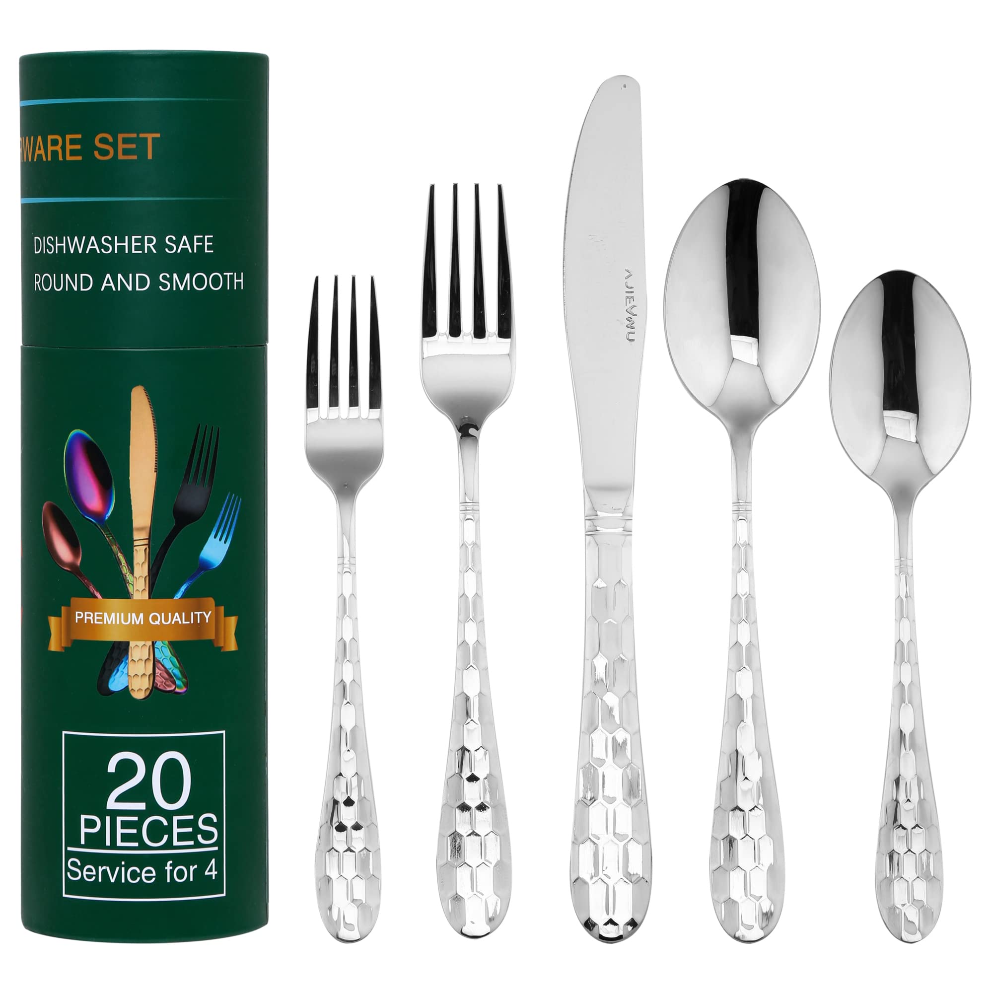 20-Piece Silverware Set, Flatware Cutlery Silverware Set Service for 4, 18/10 Hammered Stainless Steel Utensils Tableware Set Include Knife Spoon Fork, Unique Design, Mirror Polished (Silver)