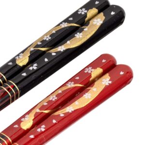 Kawai Japanese Wooden Chopsticks Reusable 2 Pairs in Gift Box, Nippon Scenery Sakura Black and Red [ Made in Japan /Handcrafted ]