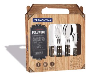 tramontina cutlery set with steak knives, 24 piece sharp knife, forks, teaspoons, tablespoons with wooden handles, ‎camping, kitchen, rustic, dishwasher safe, 21199905