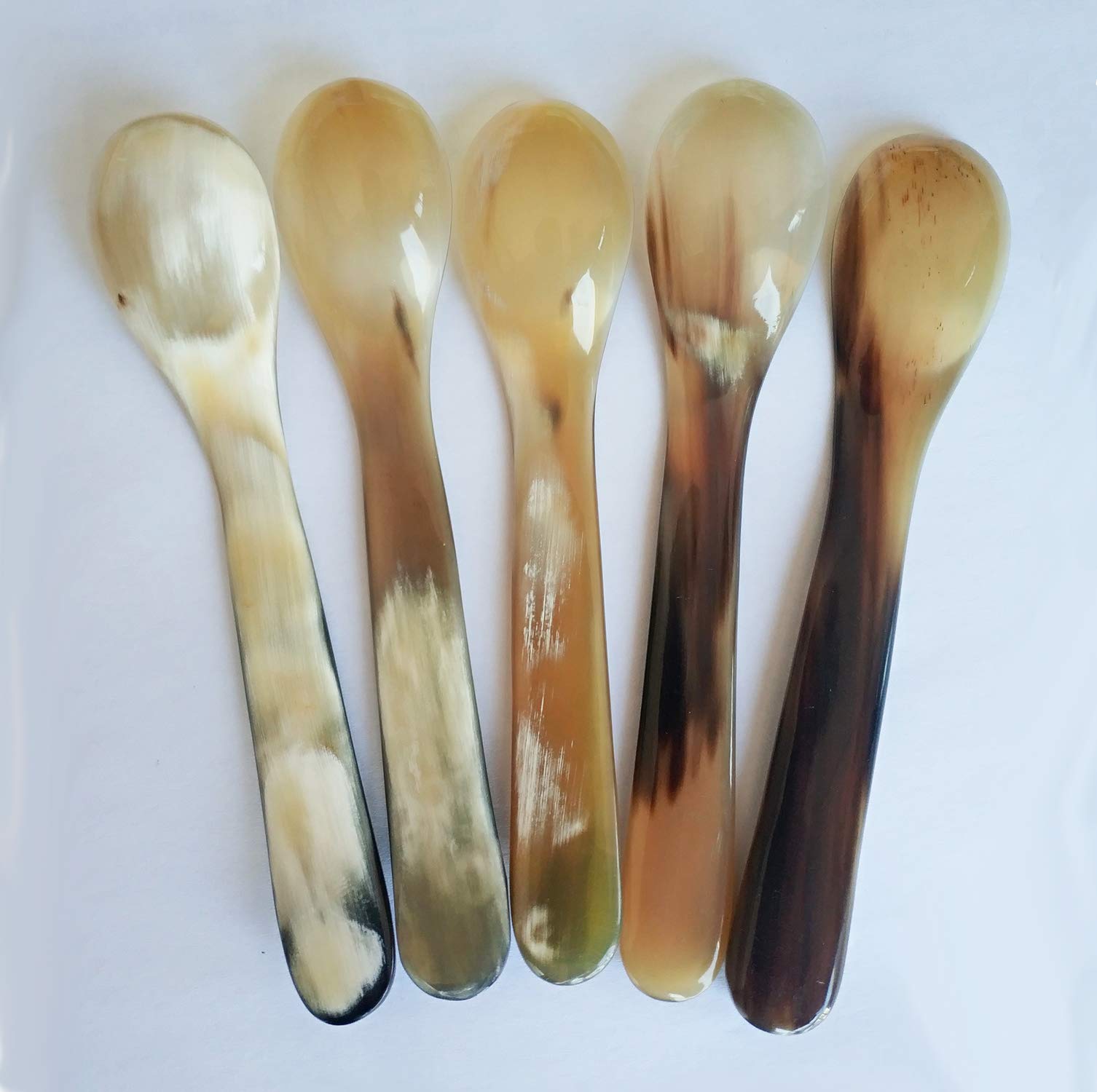 DUEBEL Set of 5 Naturally Handcrafted Buffalo Horn Spoons, 5.6" x 1.1" Dinner Ware Serving Spoon (Light Color)