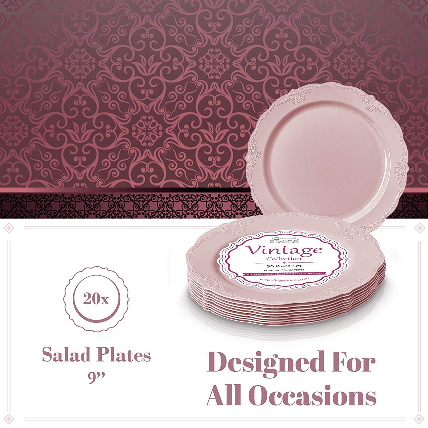 Silver Spoons 20 Premium Reusable Plastic Salad Plates | Vintage - Blush | 9'