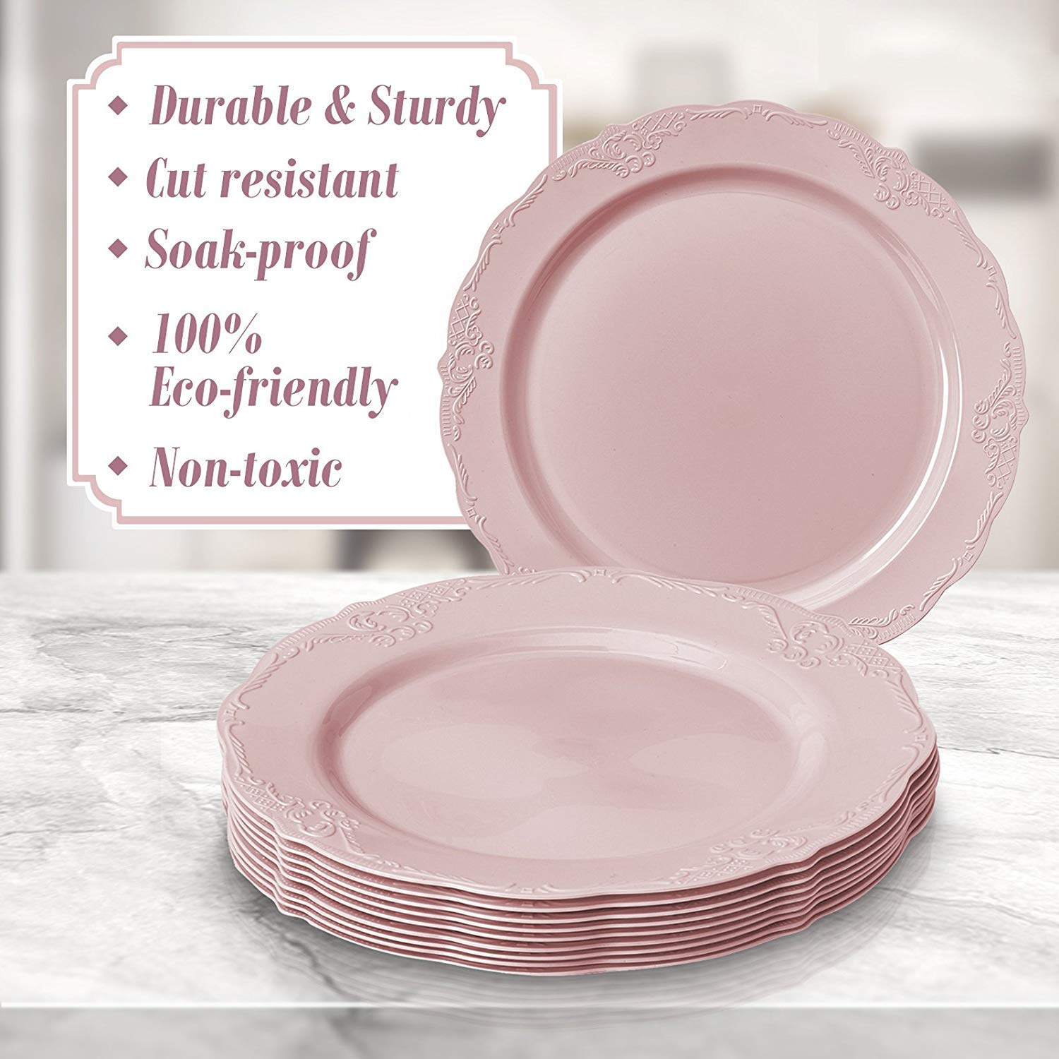 Silver Spoons 20 Premium Reusable Plastic Salad Plates | Vintage - Blush | 9'