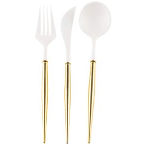 sophistiplate bella flatware cutlery set for 12 | fork, spoons & knives silverware utensil set | reusable dinnerware sets plastic & top rack dishwasher safe | white with gold handle 36 count