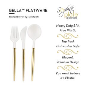 Sophistiplate Bella Flatware Cutlery Set for 12 | Fork, Spoons & Knives Silverware Utensil Set | Reusable Dinnerware Sets Plastic & Top Rack Dishwasher Safe | White with Gold Handle 36 Count