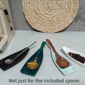 Coffee Spoon and Rest for Coffee Bar, Boat Small Spoon Rest for Coffee Station, Coffee Spoon Holder for Coffee Bar, Tea Spoon Rest Teaspoon Rest with Spoon (Matte Black + Round Spoon)