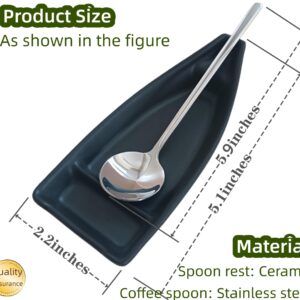 Coffee Spoon and Rest for Coffee Bar, Boat Small Spoon Rest for Coffee Station, Coffee Spoon Holder for Coffee Bar, Tea Spoon Rest Teaspoon Rest with Spoon (Matte Black + Round Spoon)