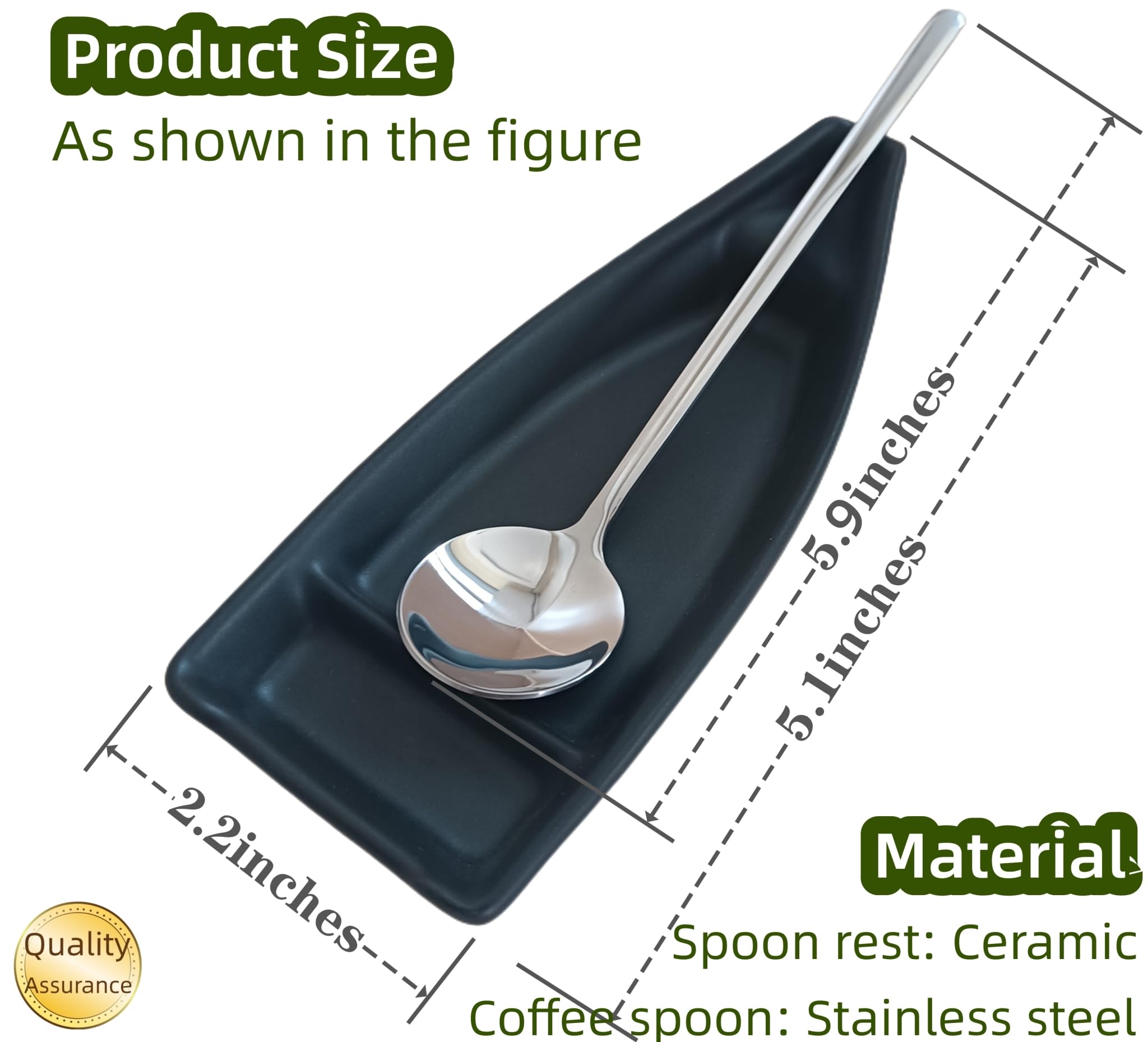 Coffee Spoon and Rest for Coffee Bar, Boat Small Spoon Rest for Coffee Station, Coffee Spoon Holder for Coffee Bar, Tea Spoon Rest Teaspoon Rest with Spoon (Matte Black + Round Spoon)