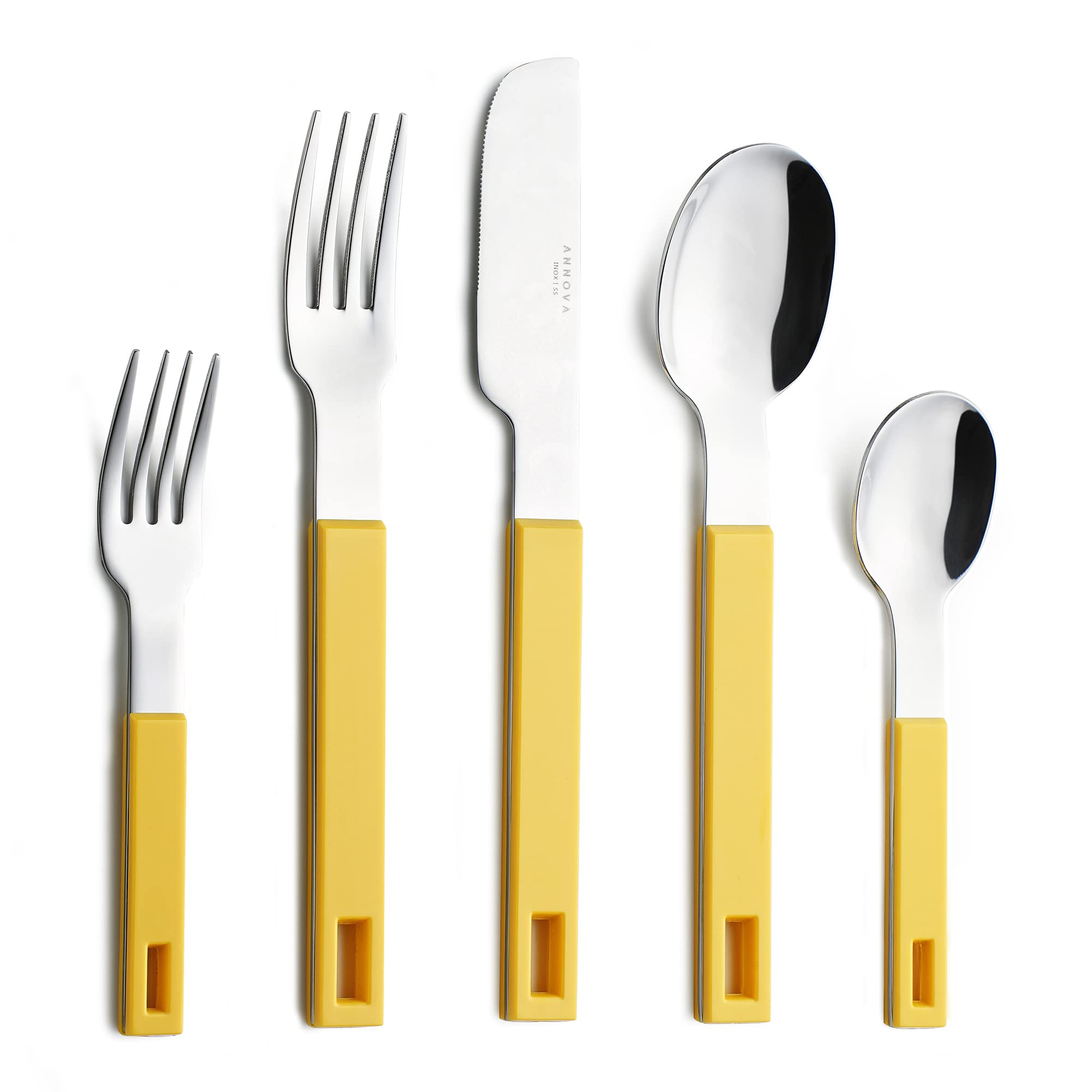 ANNOVA Silverware Set 20 Pieces Stainless Steel Cutlery Color Block Handle Modern Style Flatware - 4 x Dinner Knife; 4 x Dinner Fork; 4 x Salad Fork; 4 x Dinner Spoon; 4 x Dessert Spoon (Yellow)