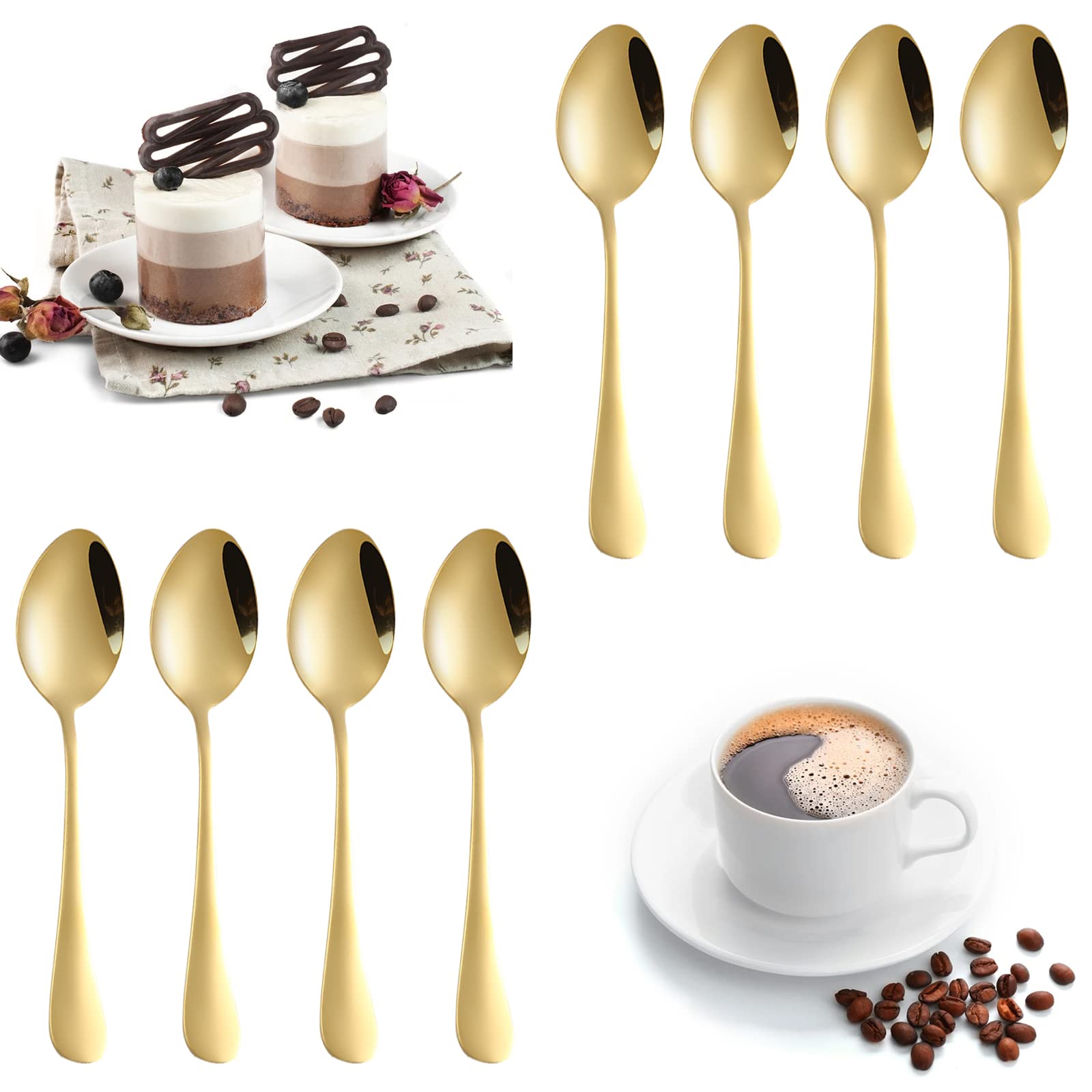 Set of 8, Gold Demitasse Espresso Spoon, SourceTon Gold Mini Coffee Spoons for Dessert, Coffee Sugar, Tea, Appetizer (4.9 Inch)