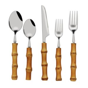 justemi bamboo silverware set,natural bamboo flatware,bamboo handle cutlery and utensil set,18/8 304 stainless steel 1 set 5 pcs