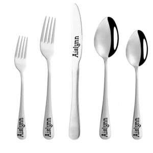 obtian stainless steel customized flatware set,engraving name knife forks spoon,personalized names will be engraved on your tableware, customized birthday christmas gift silver