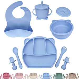 anari baby led weaning supplies | divided silicone suction toddler plates and bowls set | first stage self feeding baby utensils | baby feeding supplies for 6+ months old (pastel blue)