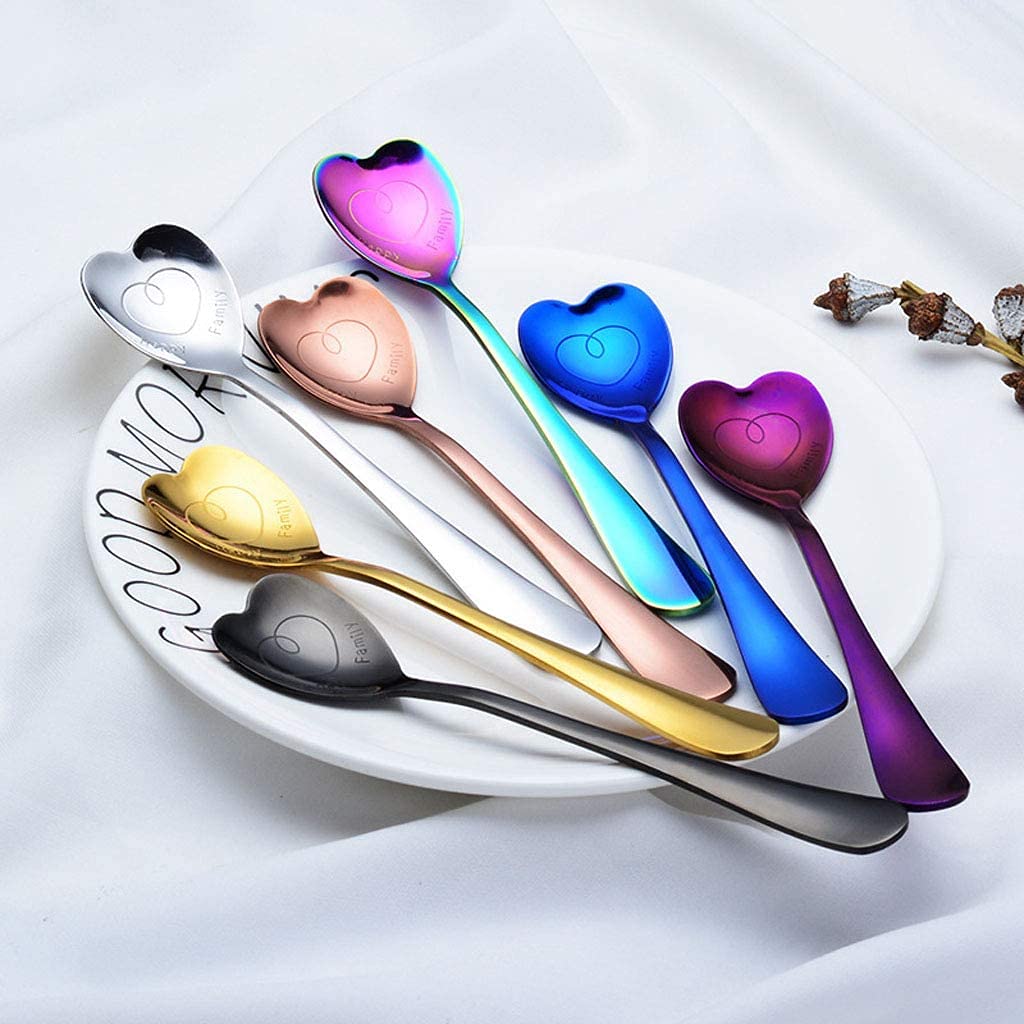 Stainless Steel Spoon Set 7 Pack, Heart Shaped Spoons, Coffee spoon，Dessert Spoon, Ice Cream Spoons, tea spoons，Love spoon, Cute holiday gift (Silver，Rose gold，blue，Symphony，purple，Golden，black, 7)