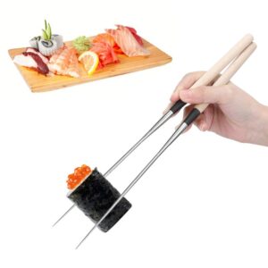 1 Pair Reusable Chopsticks, Stainless Steel Cooking Chopsticks Japanese Sushi Chopstick with Wood Handle(S)