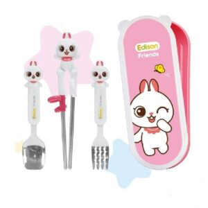 Edison Friends Spoon + Chopstick + Folk + Wide Case 4P Set for Right Hand Use, Rabbit, Soft Silicone Ring, Hygienic Stainless Steel