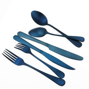 Gugrida 24-Piece Titanium Blue Plated Stainless Steel Flatware Set, Travel Cutlery Include Knife Fork Spoon Service for 4,Healthy & Eco-Friendly Silverware - Matte Elegant Modern Eating Utensils