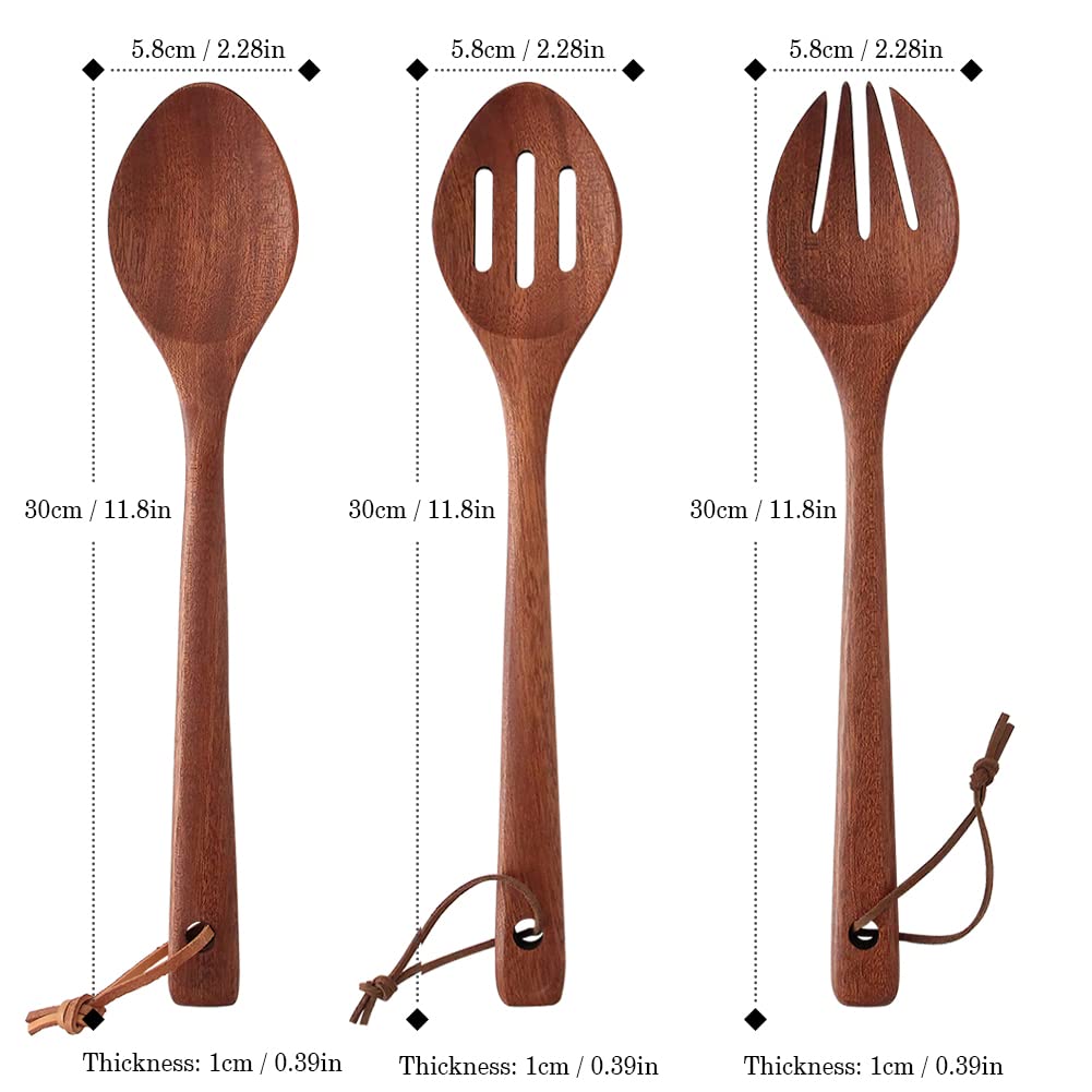Wooden Spoons for Cooking Set for Kitchen, 12 Inch Large Non Stick Cookware Tools Includes Wooden Spoon, Fork, Slotted Turner, Premium Quality Housewarming Gifts Wooden Serving Utensils
