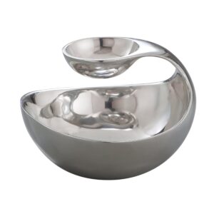 nambe scoop server | two-tiered chip and dip bowl | cold & hot appetizer serving bowl | made of metal alloy | 11 x 8 inch | designed by wei young (silver)