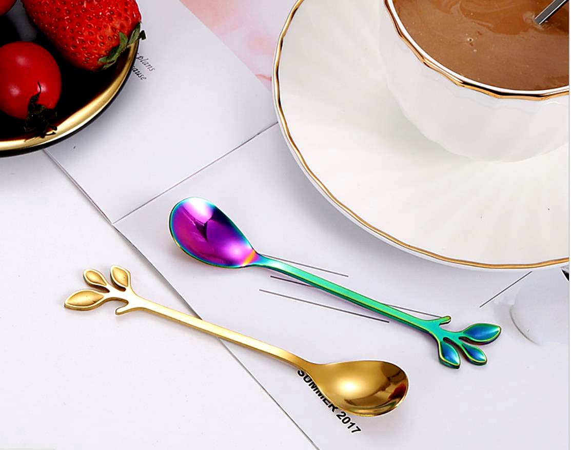 Anller 16 Pieces Stainless Steel Coffee Spoons Dessert Forks, Set of 8 Spoons 8 Forks, Rainbow