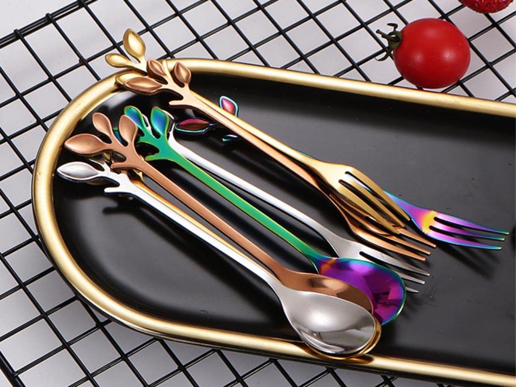 Anller 16 Pieces Stainless Steel Coffee Spoons Dessert Forks, Set of 8 Spoons 8 Forks, Rainbow