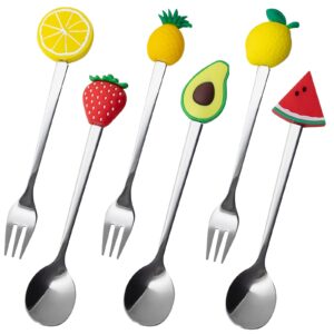 Appetizer Spoons and Forks, 6-Piece Cocktail Spoons and Forks, Fruit Shapes, Stainless Steel and Silicone Small Spoons and Forks for Fruits, Cheese, Appetizers