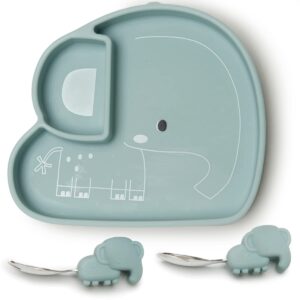 Loulou Lollipop Toddler Silicone Suction Snack Plate, Learning Fork and Spoon Set (Elephant)