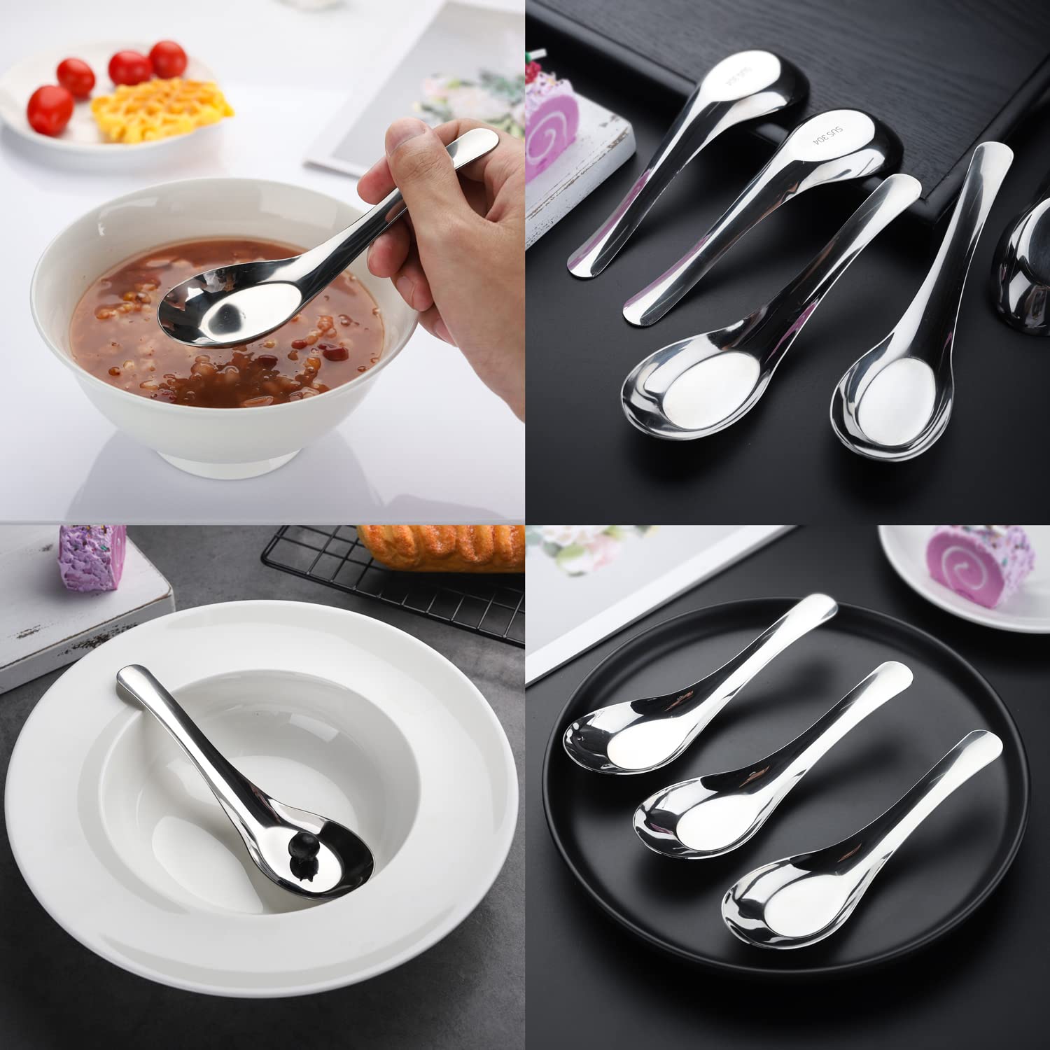 Stainless Steel Soup Spoons Dinner Spoons Set of 12 Chinese Soup Spoon Silver Bouillon Spoon Mirror Polished