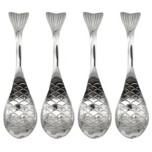 pinenjoy 4pcs silver fish spoon 18/10(304) stainless steel asian soup spoon short handle spoon for porridge cereal rice
